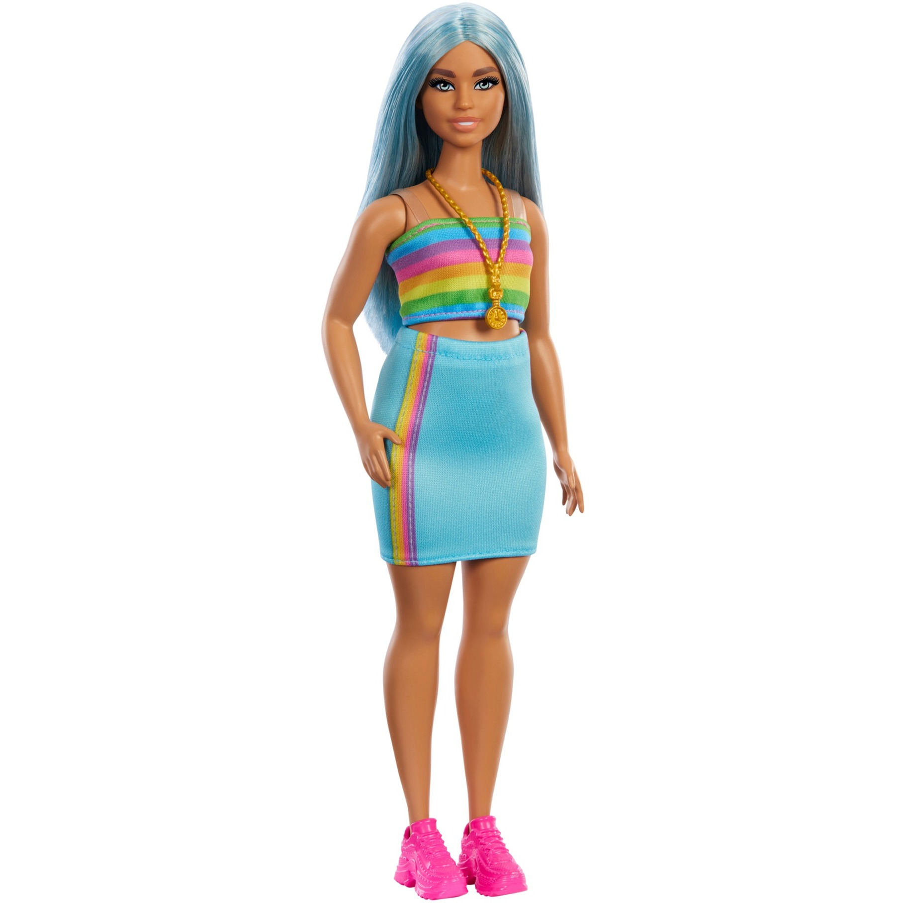 

Кукла Barbie Барби с длинными синими волосами, радужным топом и бирюзовой юбкой, HRH16, Fashionistas Striped Look Blue Hair