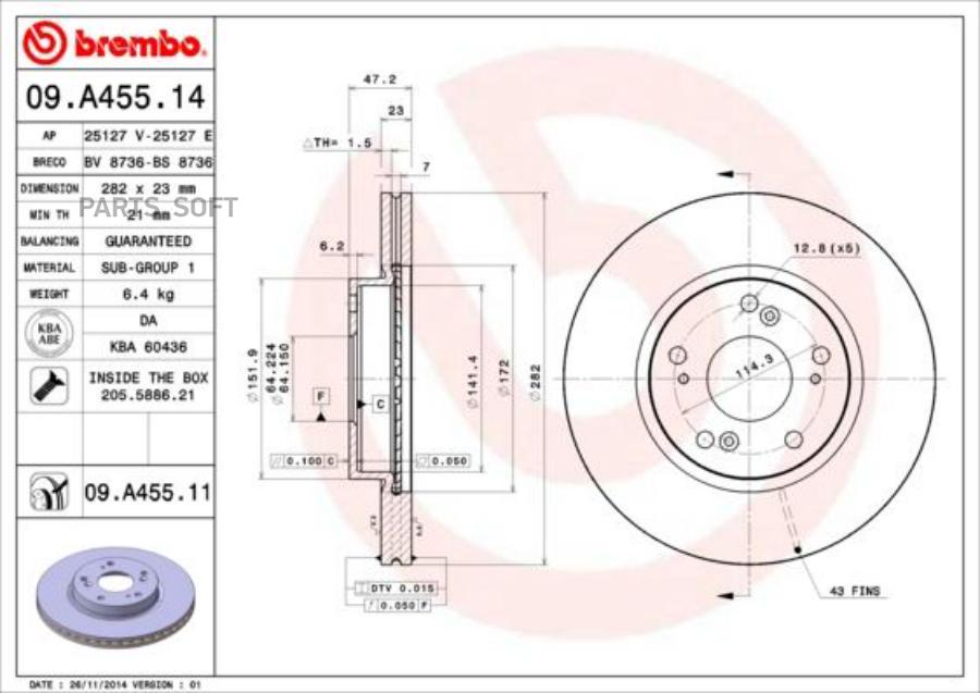 

Тормозной диск brembo комплект 1 шт. 09A45511