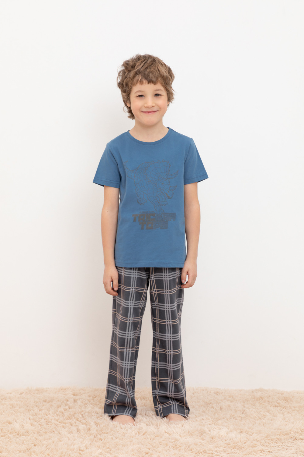 Пижама детская CROCKID TR 588, М 3702, синяя волна, текстильная клетка, 116