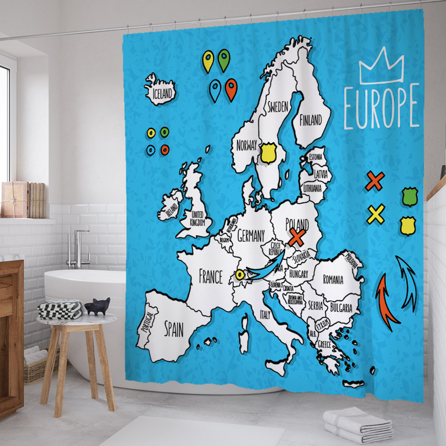 

Штора для ванной JoyArty "Нарисованная карта Европы" из сатена, 180х200 см с крючками, Голубой, Нарисованная карта Европы