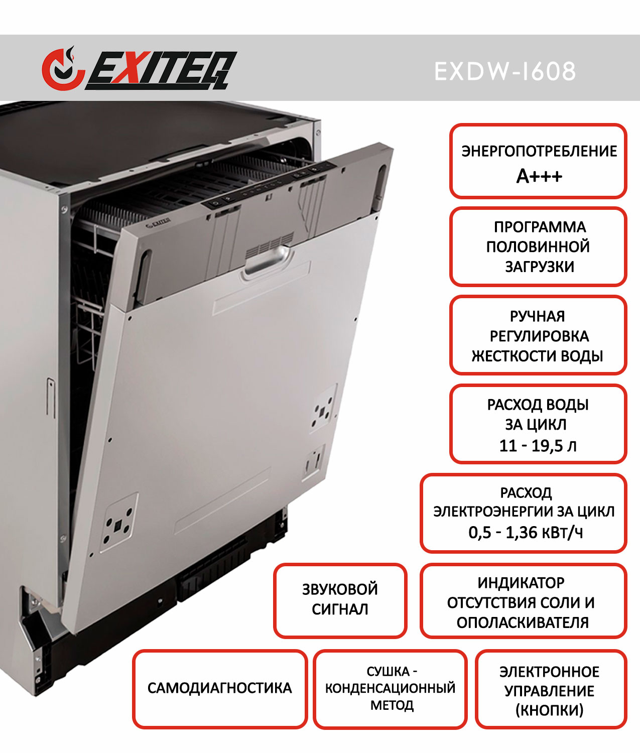 

Встраиваемая посудомоечная машина Exiteq EXDW-I608, EXDW-I608