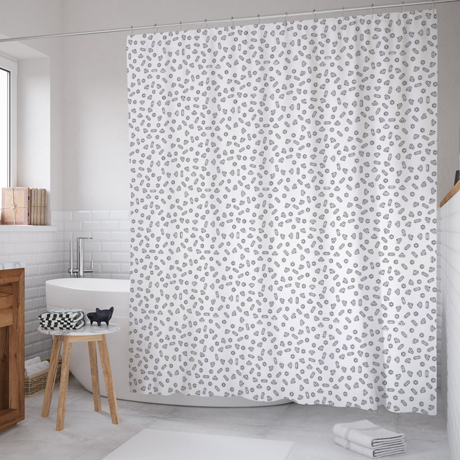 

Штора для ванной JoyArty "Графические драгоценности" из сатена, 180х200 см с крючками, Серый, Графические драгоценности