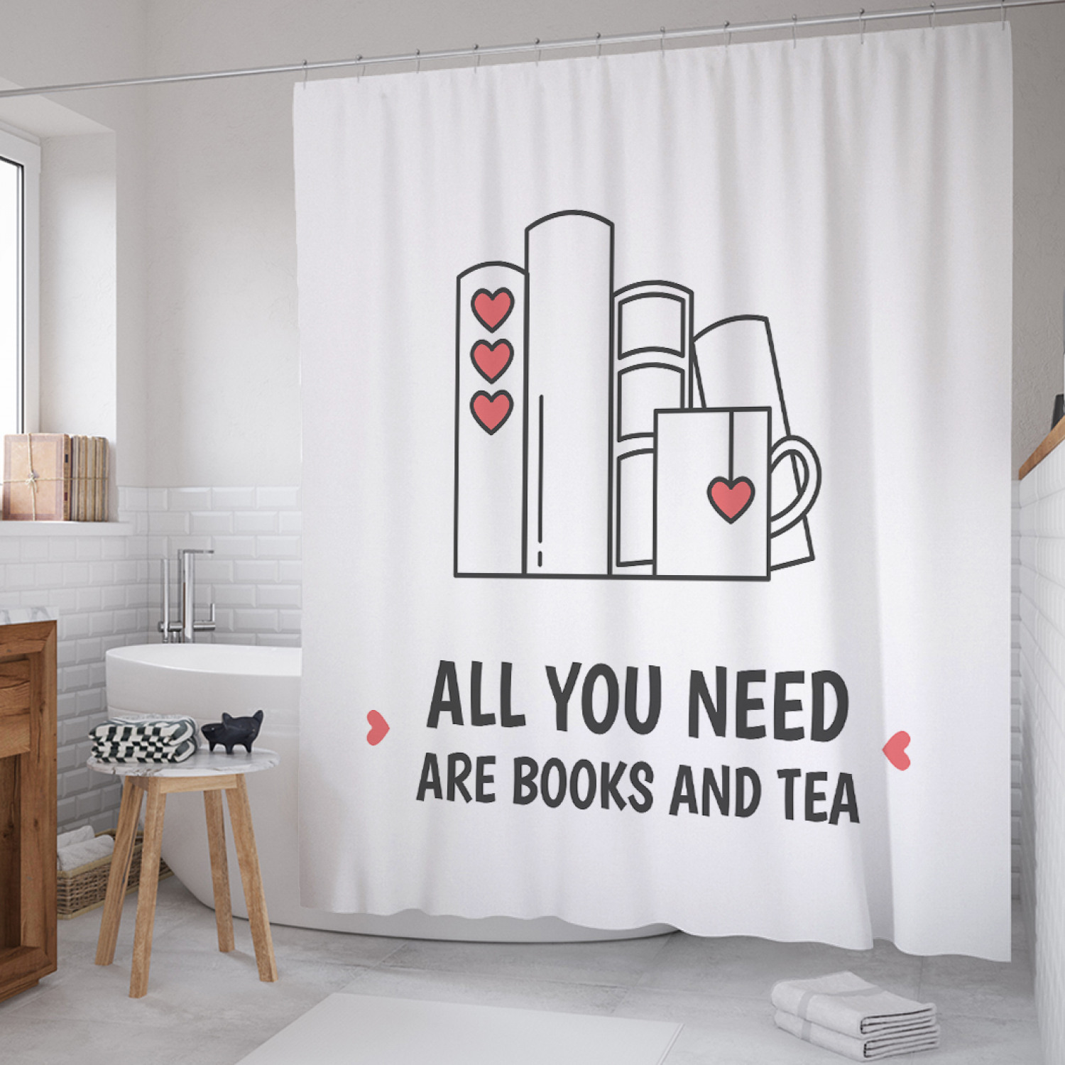 фото Штора для ванной joyarty "книги и чай" из сатена, 180х200 см с крючками