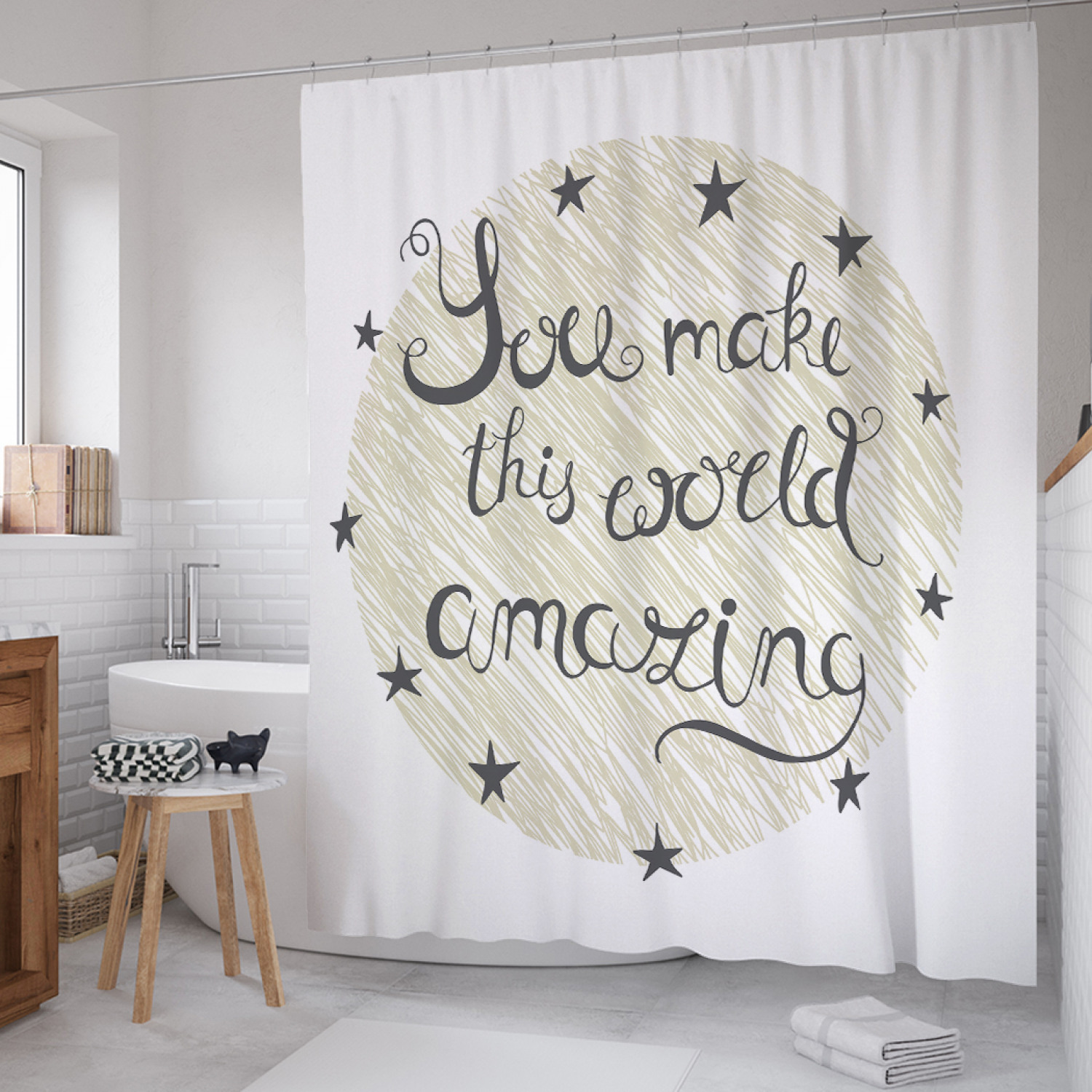 

Штора для ванной JoyArty "Сделай мир волшебным" из сатена, 180х200 см с крючками, Белый, Сделай мир волшебным