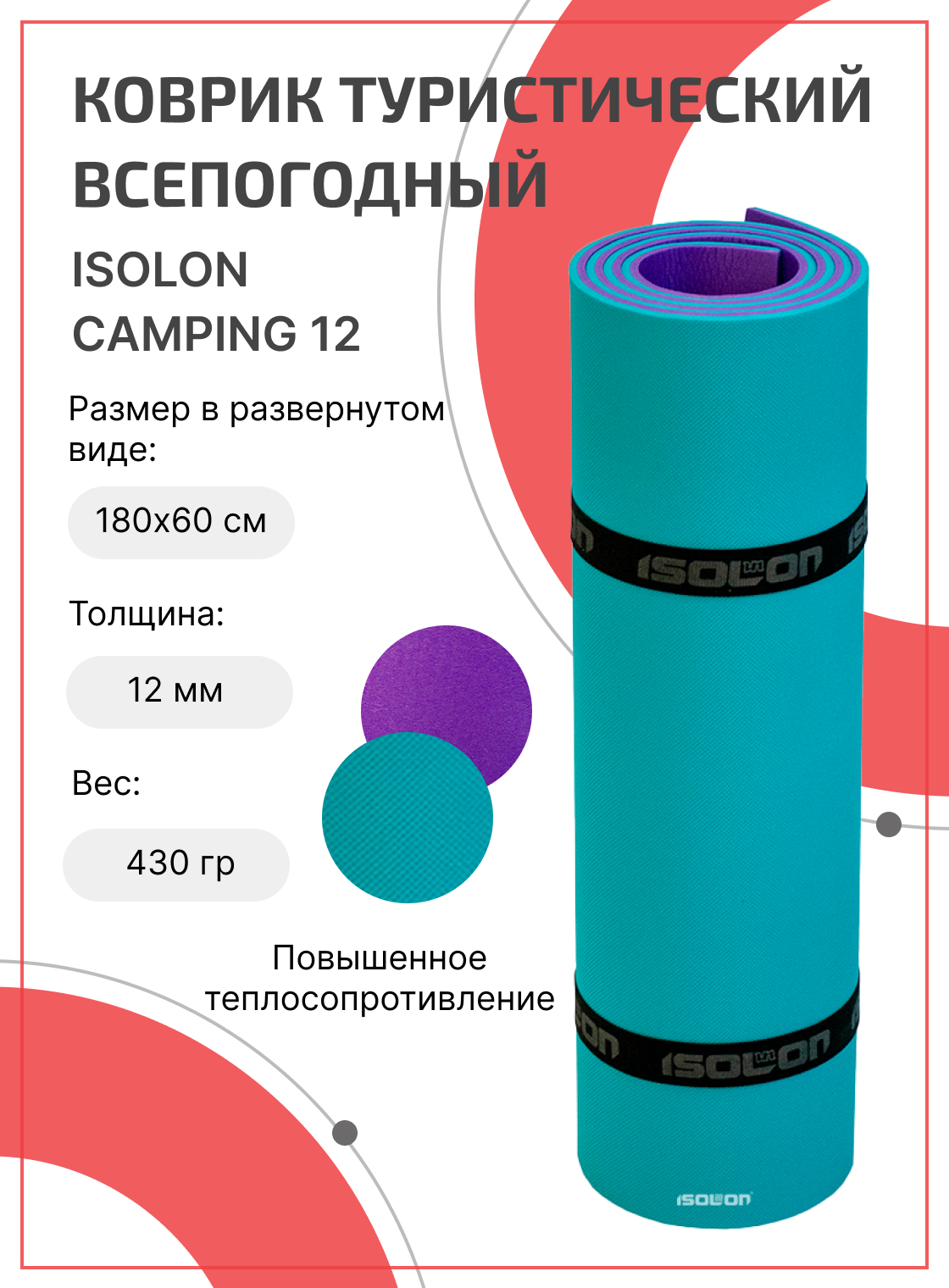 

Коврик для активного отдыха и спорта Isolon Camping 12 мм, 180х60 см фиолетовый/бирюзовый, Голубой;фиолетовый, Camping12