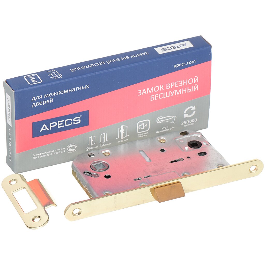 

Защелка врезная, Apecs, 5300-P-WC-G, язычок металлический, с фиксатором, без ручек, золото, Золотистый