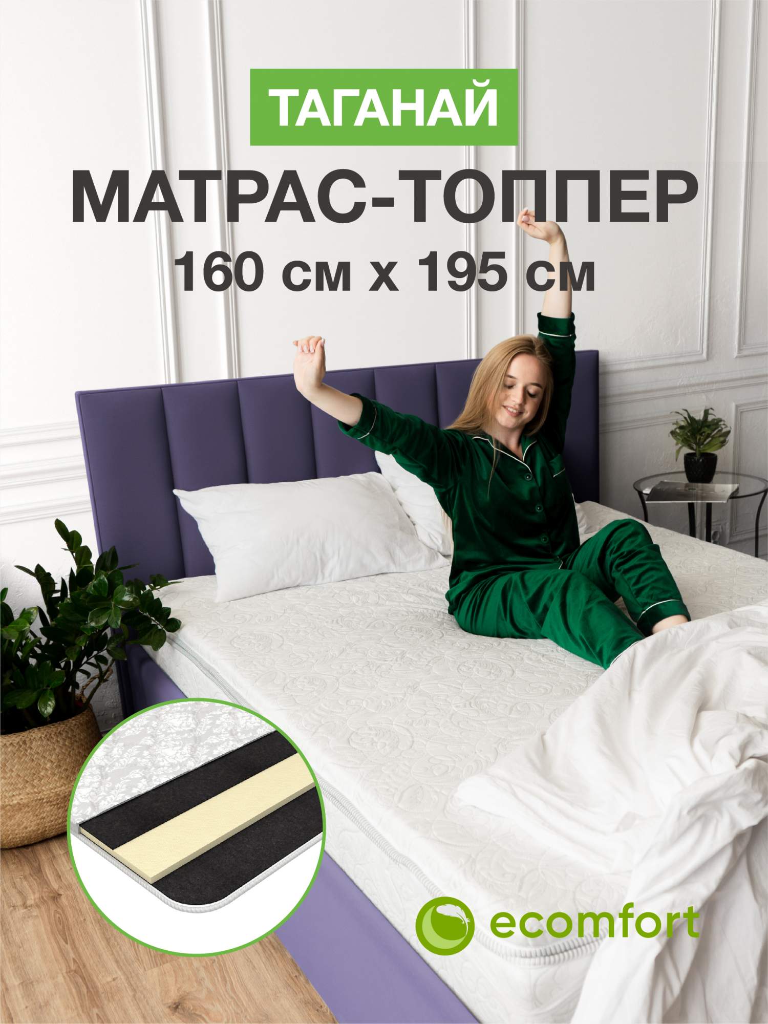 

Топпер на диван Ecomfort Таганай на резинке, 160х195 см, Белый, Таганай