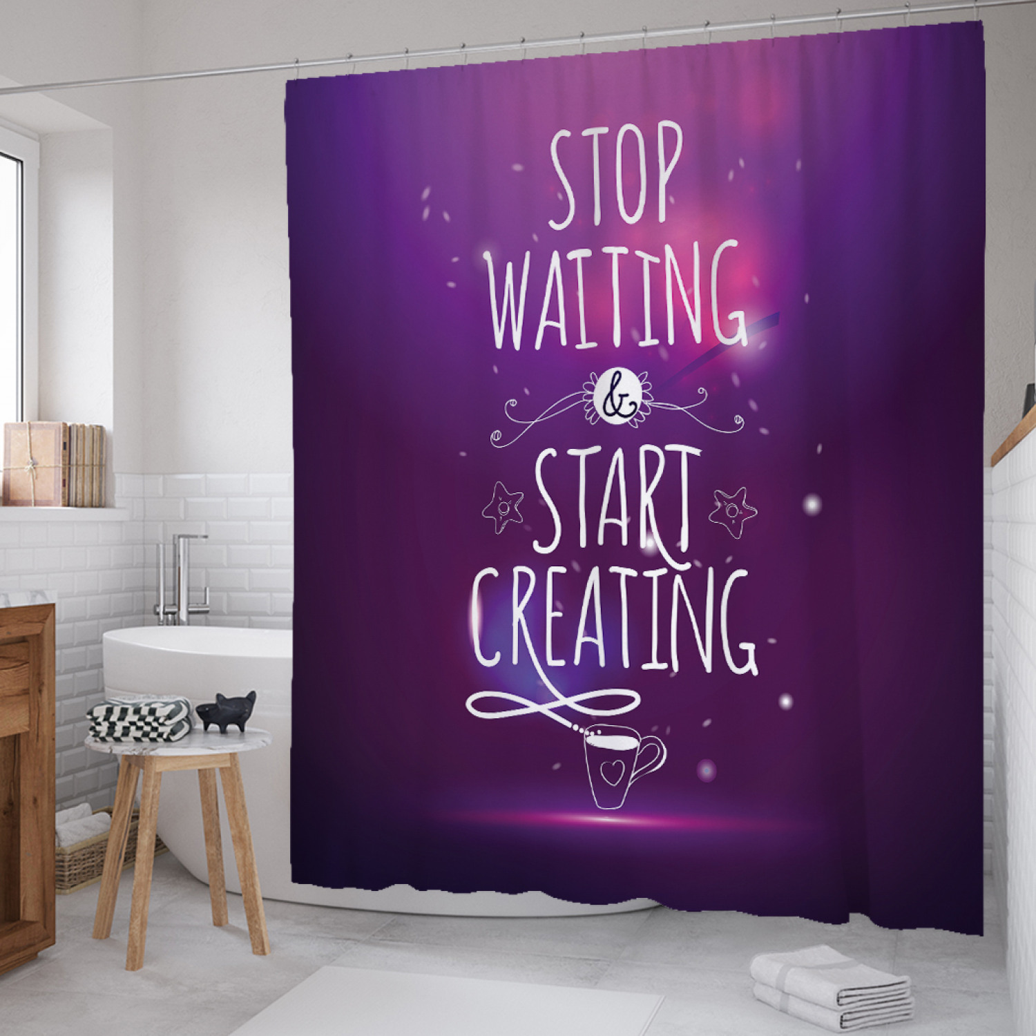 

Штора для ванной JoyArty "Начни изобретать" из сатена, 180х200 см с крючками, Фиолетовый, Начни изобретать