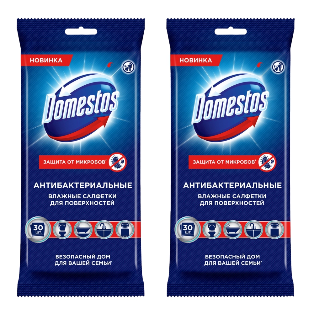

Комплект Влажные салфетки для очищения поверхностей Domestos антибактериальные 30 шт/упак, Комплект Domestos Влажные салфетки для очищения поверхностей антибактериальные 30 шт./упак. х 2 шт.