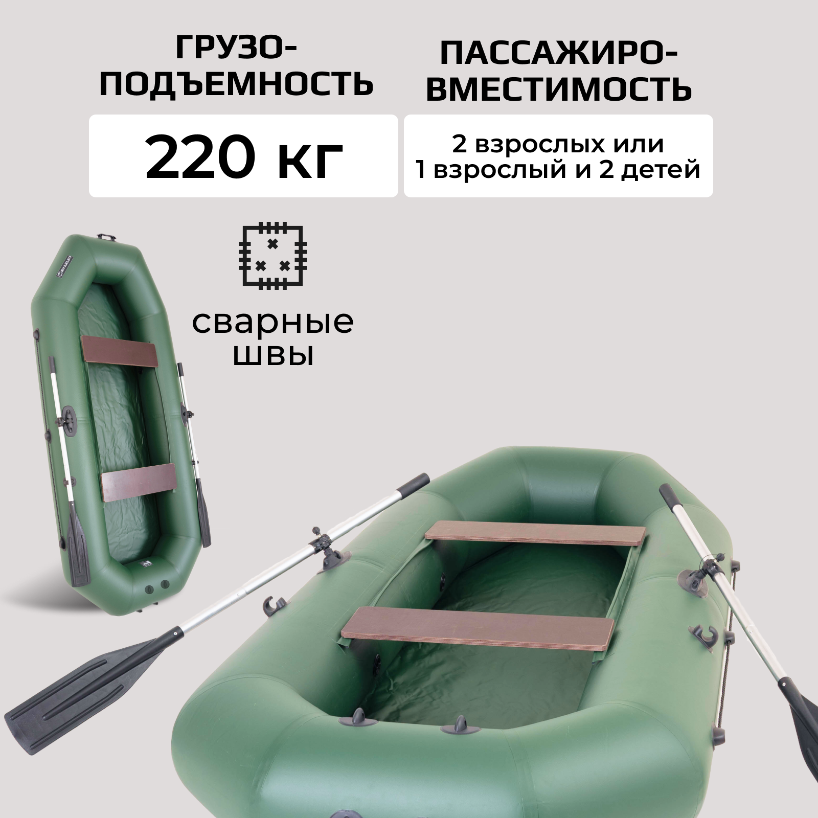 Гребная лодка WavePro S-280 зеленая речная слань под мотор до 3 мест до 220 кг