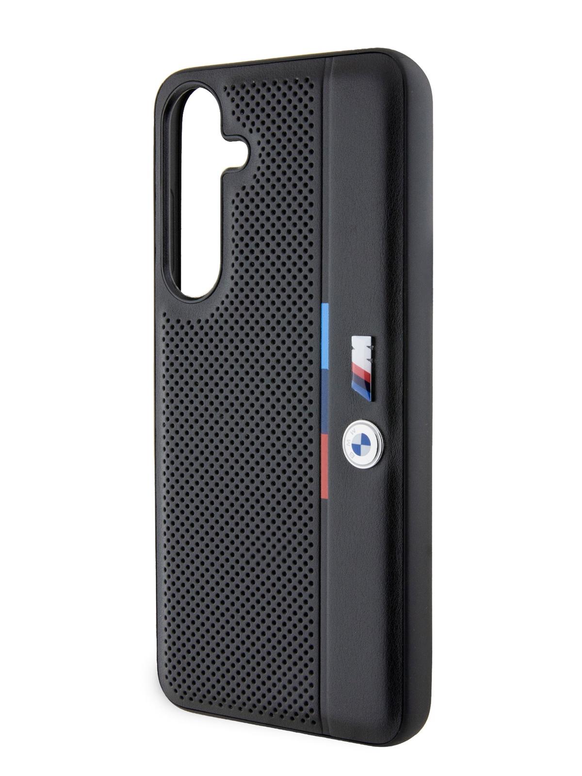 Чехол BMW для Galaxy S24+ из экокожи Tricolor stripes Metal logo Hard Black