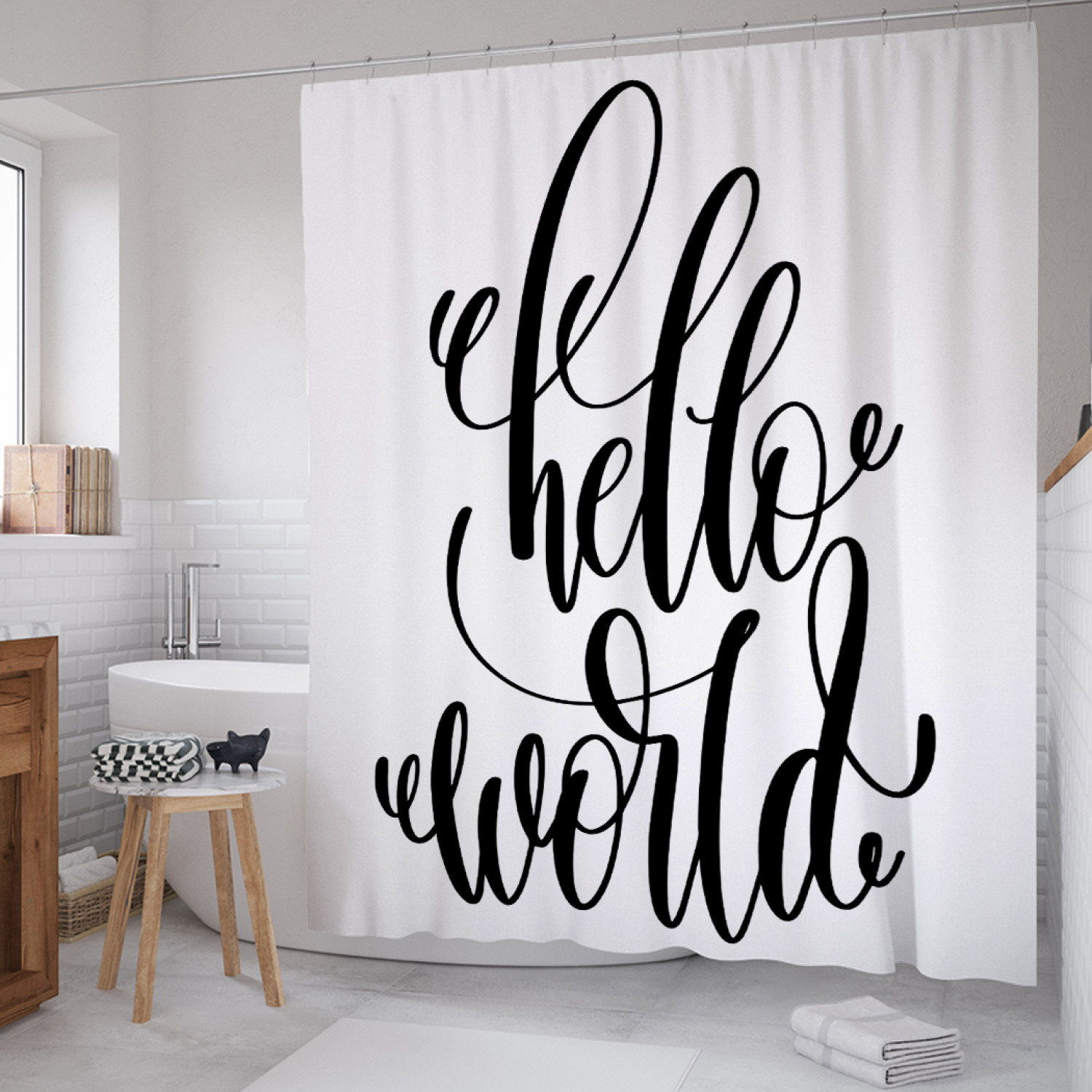 

Штора для ванной JoyArty "Каллиграфическое приветствие" из сатена, 180х200 см с крючками, Белый, Каллиграфическое приветствие