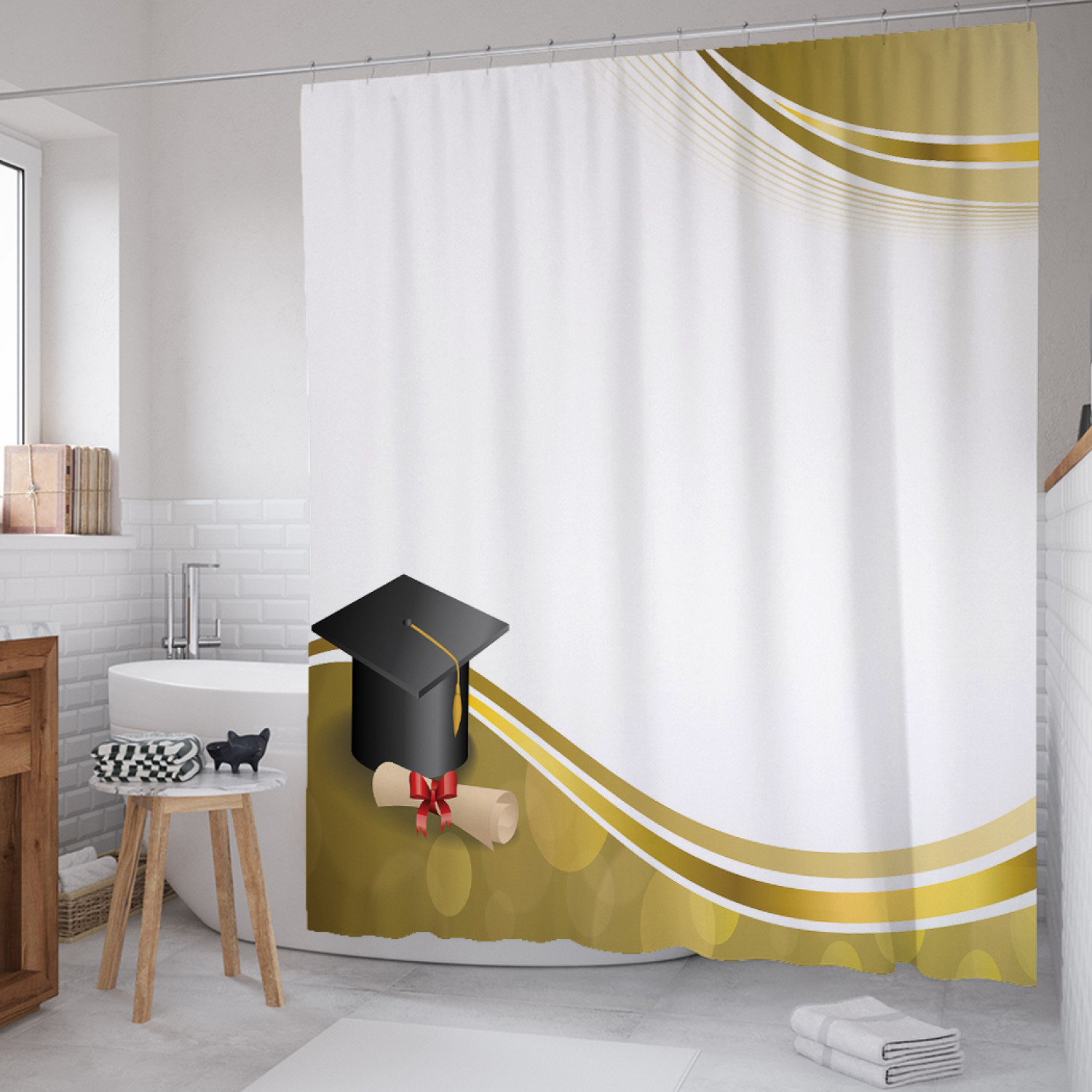 

Штора для ванной JoyArty "Открытка на выпускной" из сатена, 180х200 см с крючками, Белый, Открытка на выпускной