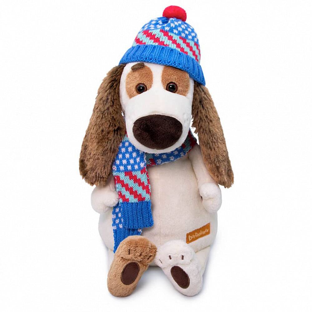 фото Мягкая игрушка budi basa basik & co собака бартоломей в вязаной шапке и шарфе, 27 см