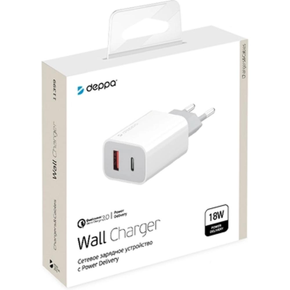 фото Сетевое зарядное устройство deppa power delivery qc 3.0 18вт usb a + type-c белое (11399)