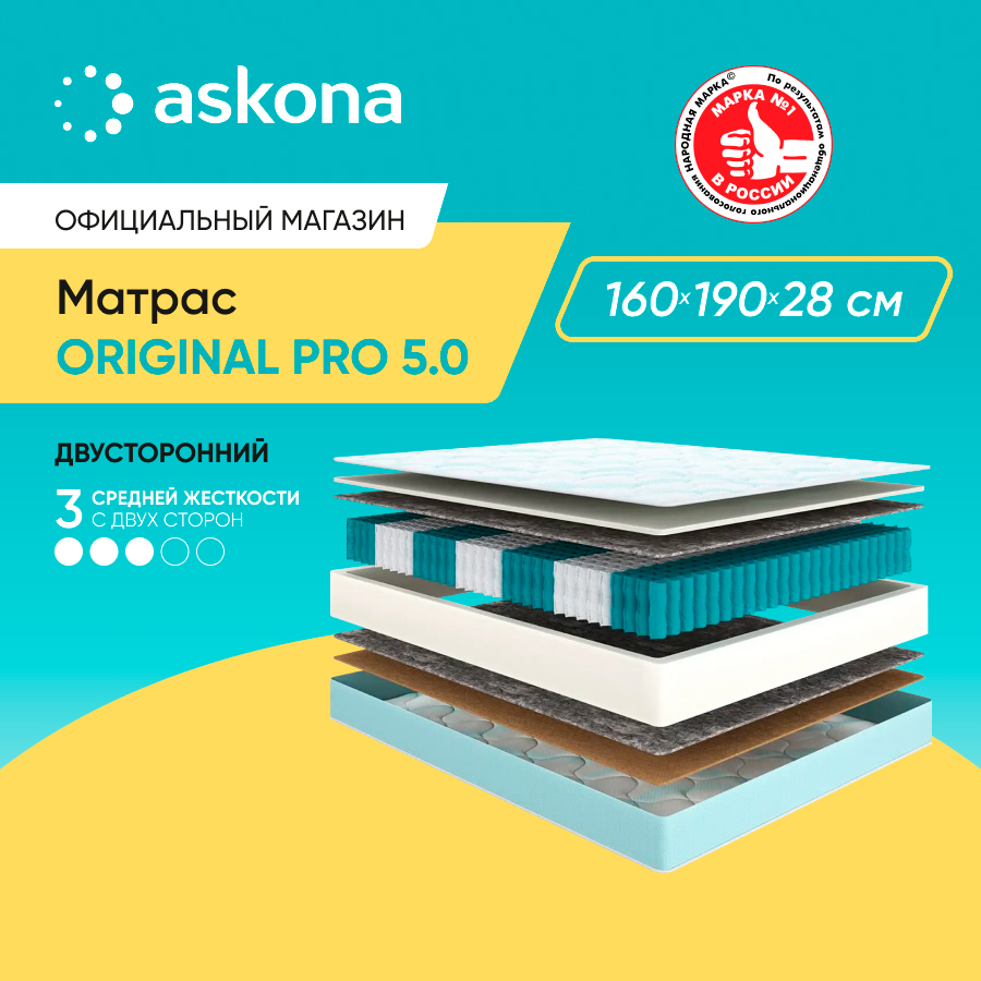 

Матрас Askona Original Pro 5.0 160x190, Белый, Original Pro 5.0