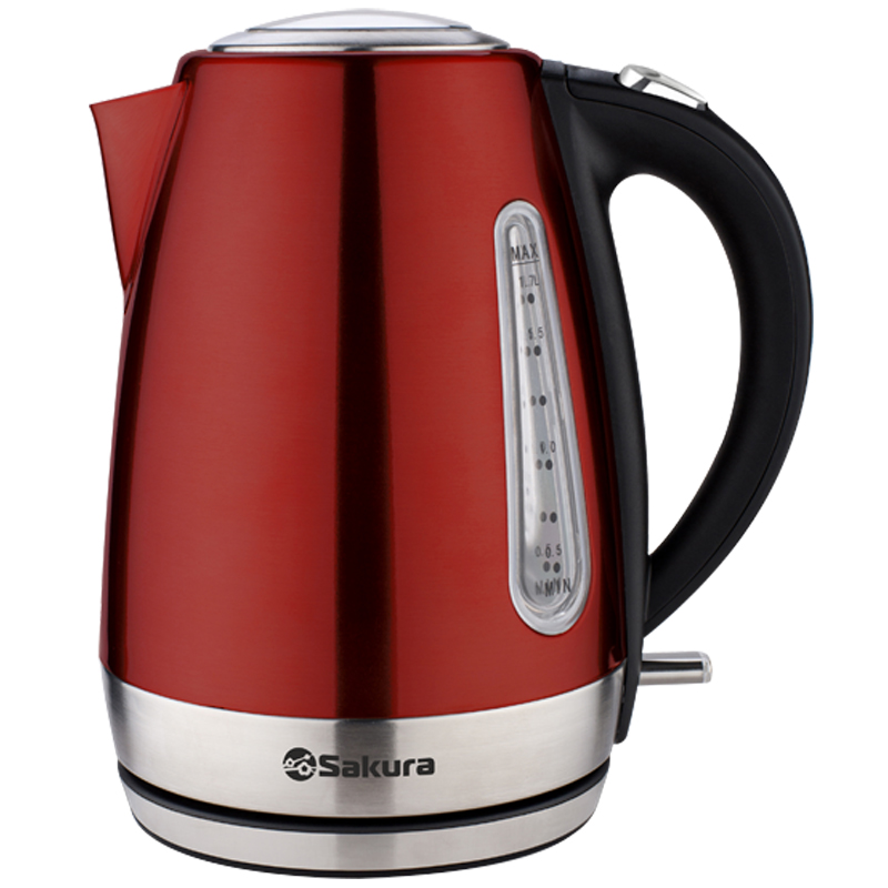Чайник электрический SAKURA SA-2133R 1.7 л красный, серебристый, черный фен щетка sakura 1200 вт 3 режима 2 скорости черный с розовым sa 4206p