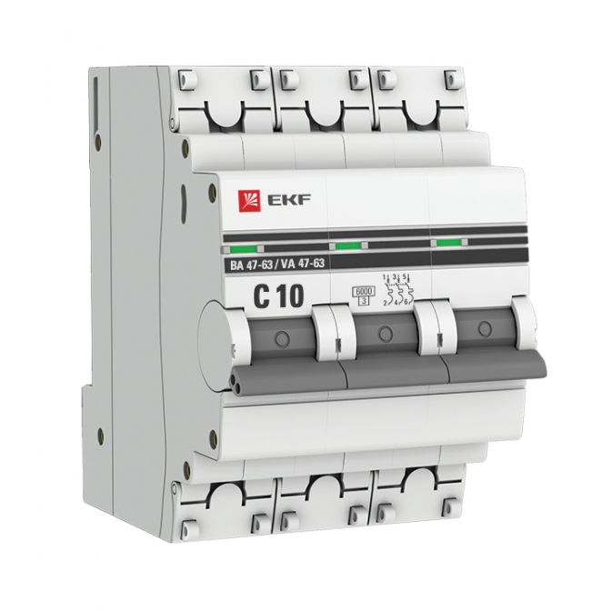 Выключатель автоматический трехполюсный 10А C ВА 47-63 6кА PROxima код mcb4763-6-3-10C-p 690₽
