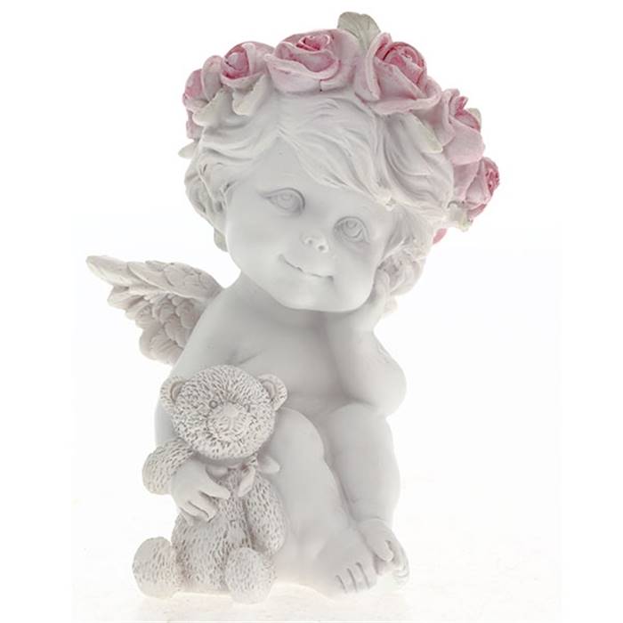 Фигура декоративная Ангелочек с медведем (цвет белый)