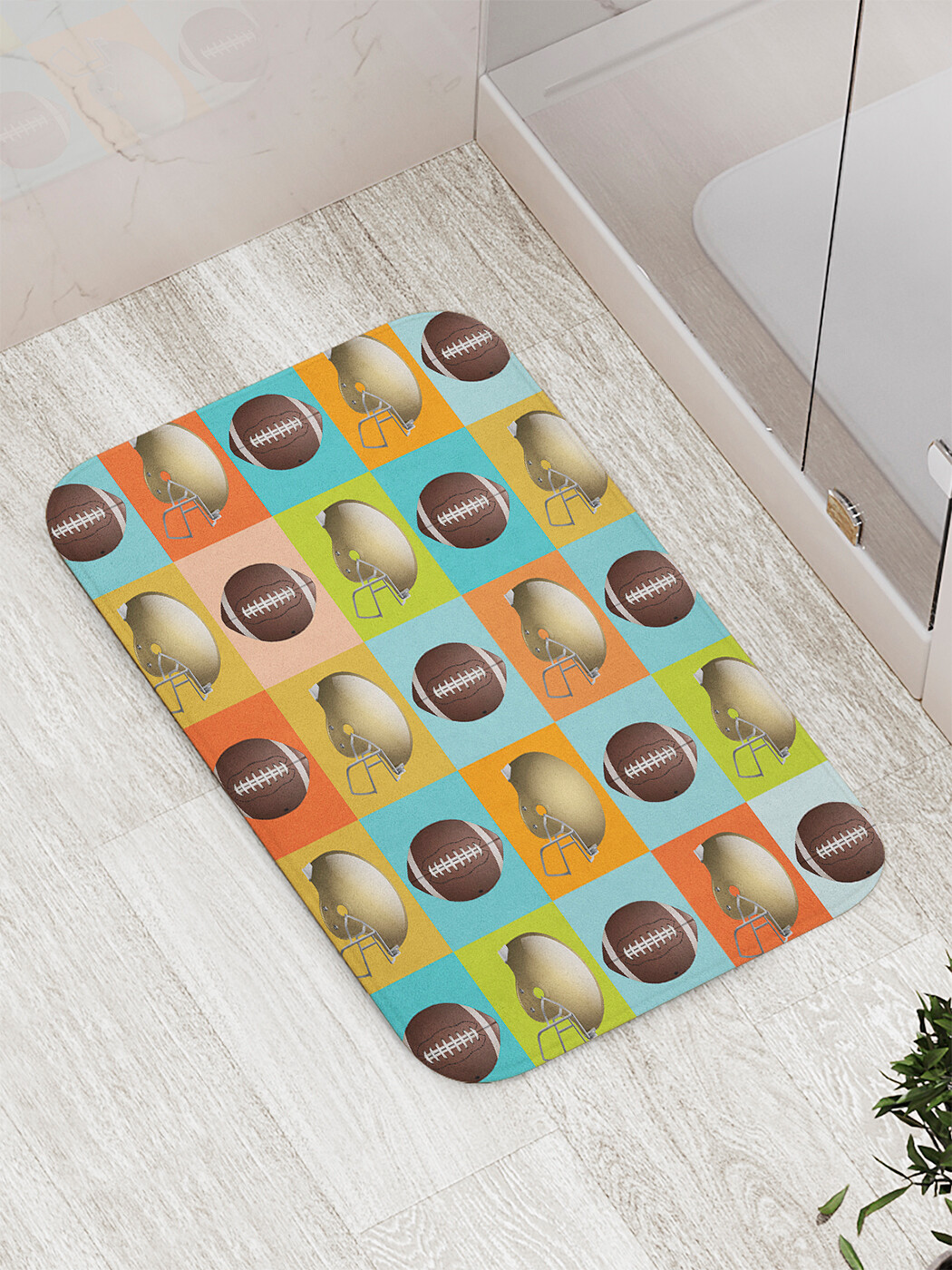 

Коврик JoyArty "Мяч со шнуровкой и шлем футболиста" для ванной, сауны, бассейна, 77х52 см, Мяч со шнуровкой и шлем футболиста