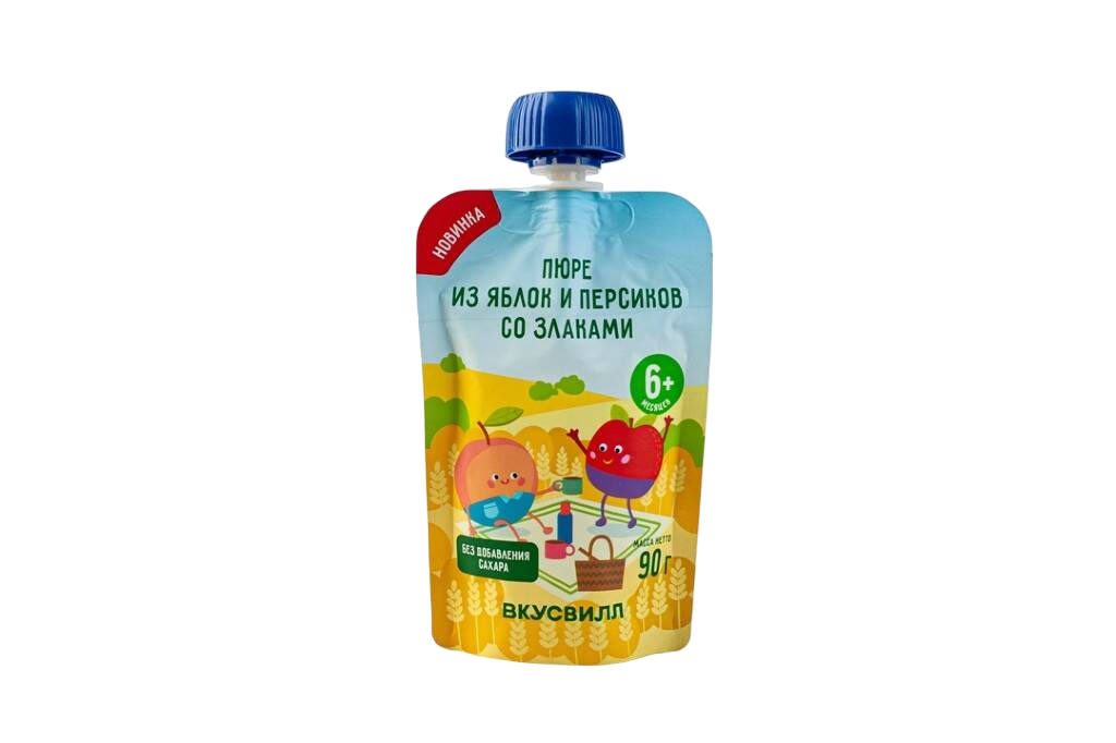 

Пюре ВкусВилл из яблок и персиков со злаками 90 г, из яблок и персиков со злаками