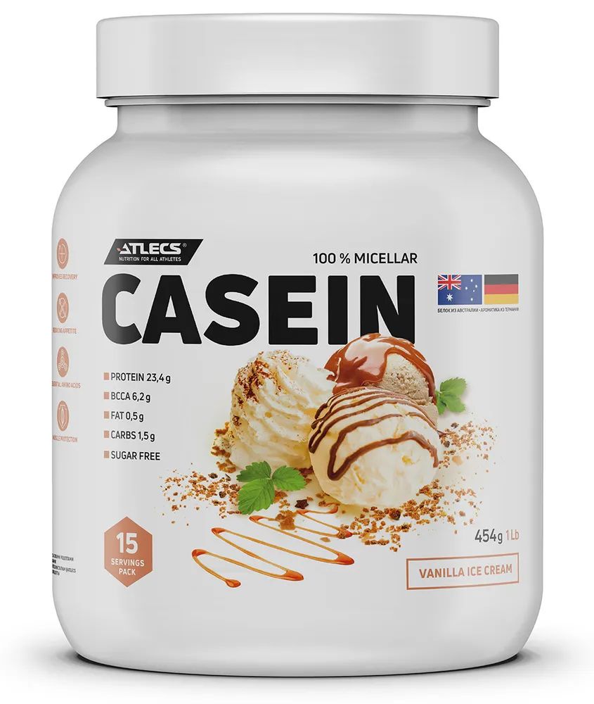 Atlecs Casein 454 g,   (мороженое ванильное)