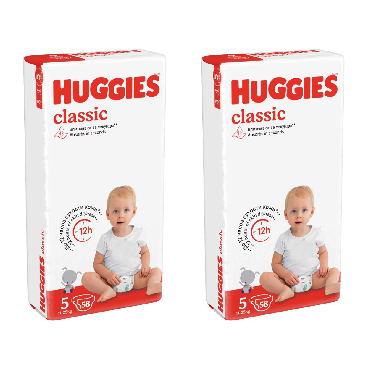 

Подгузники Huggies Classic Дышащие 5 размер (11-25 кг) Подгузники 58 шт (2 шт)