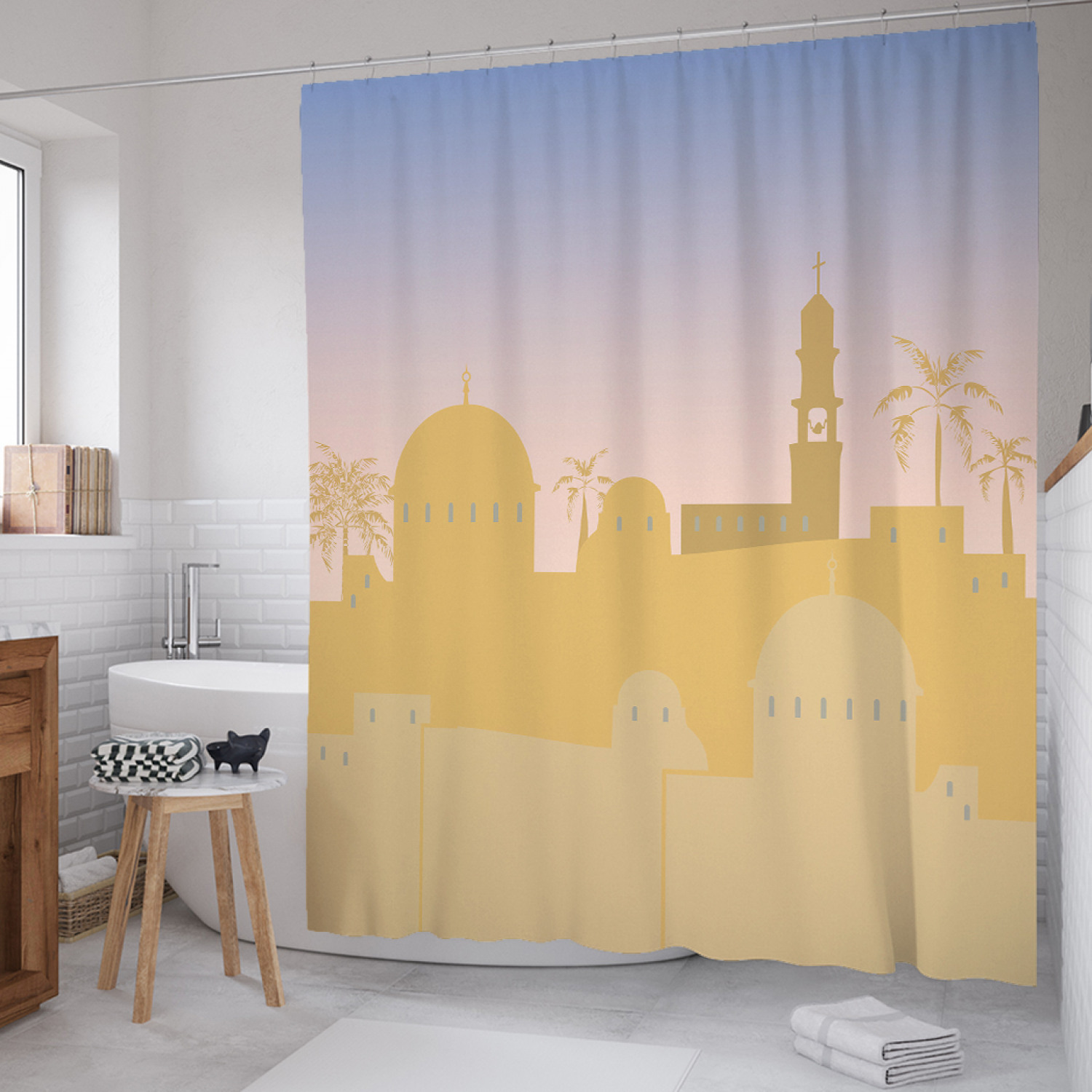 

Штора для ванной JoyArty "Векторная панорама Востока" из сатена, 180х200 см с крючками, Бежевый, Векторная панорама Востока