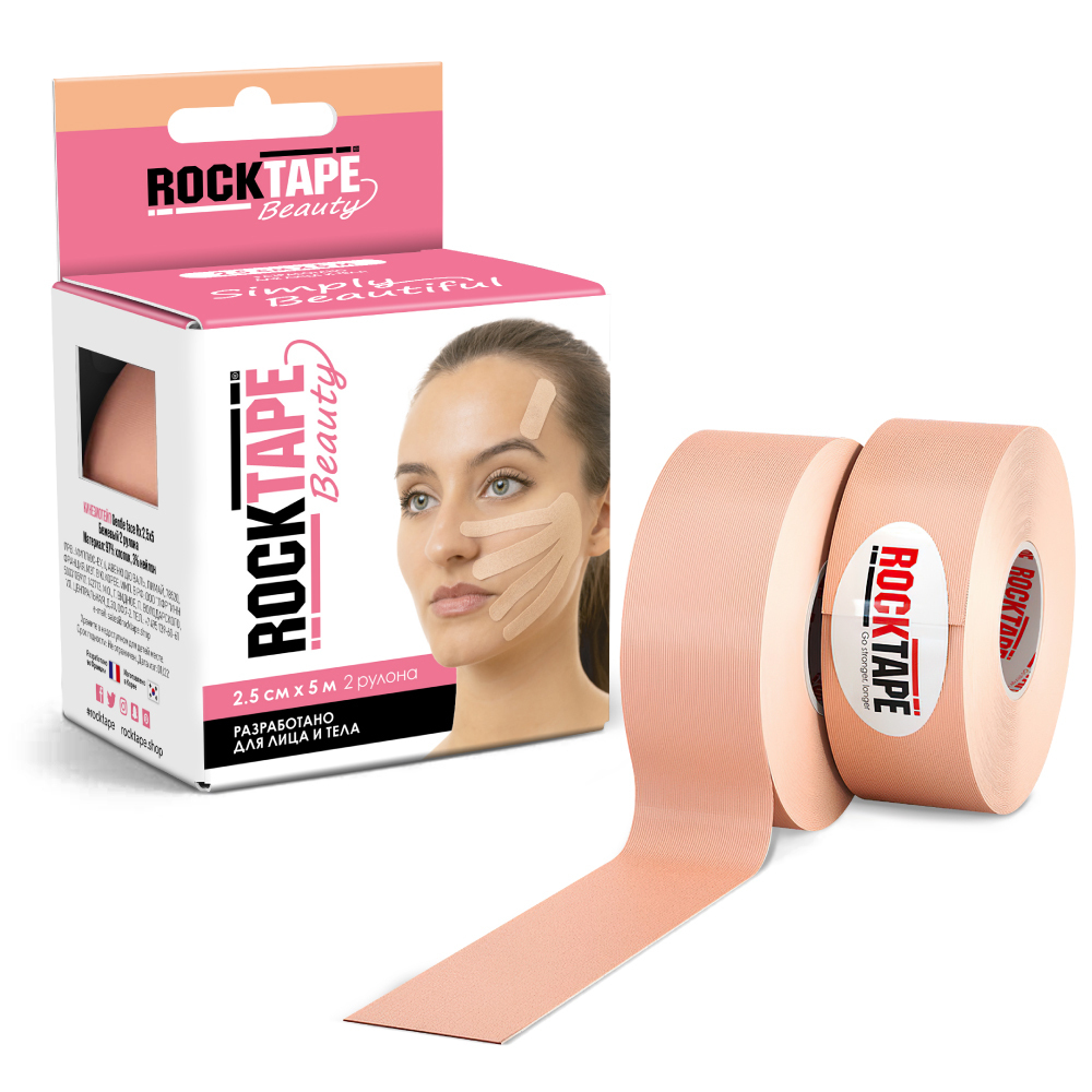 фото Кинезиотейп для лица rocktape beauty gentle face tape, 2,5 см х 5 м, бежевый 2 шт. rock tape