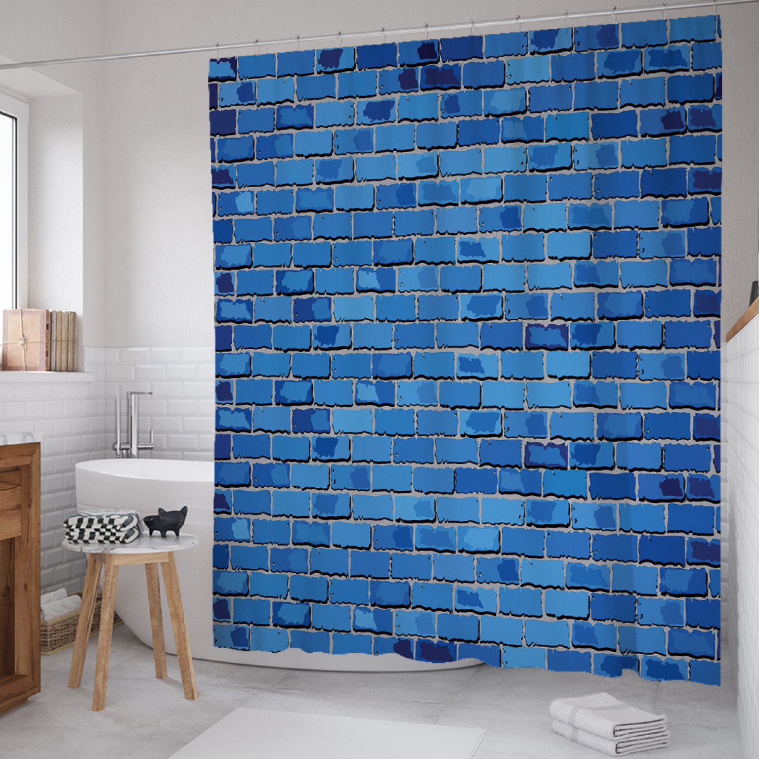 

Штора для ванной JoyArty "Покрашенная кирпичная стена" из сатена, 180х200 см с крючками, Синий, Покрашенная кирпичная стена
