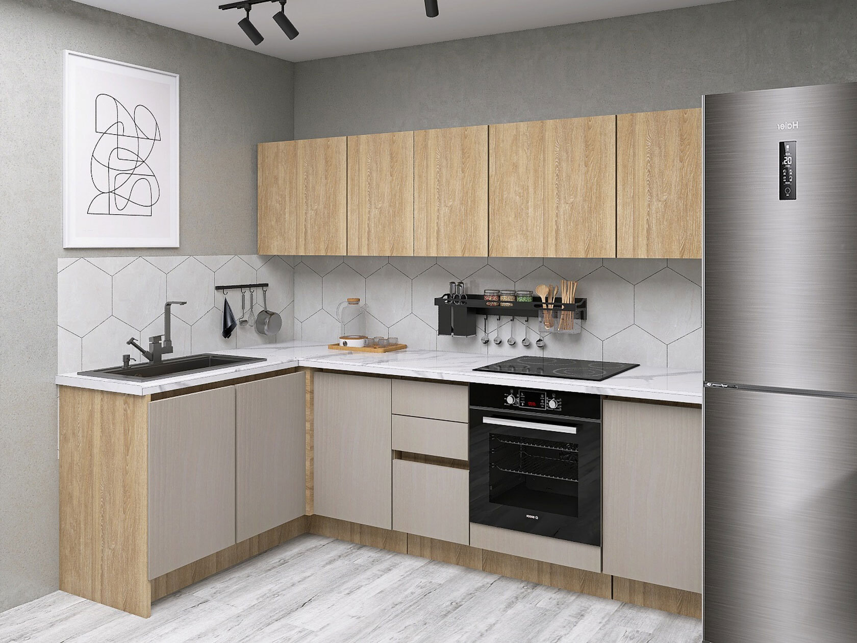 

Кухонный гарнитур СБК Женева 240х142 см Дуб Палермо / Серый камень Левая Без антр. шкафов