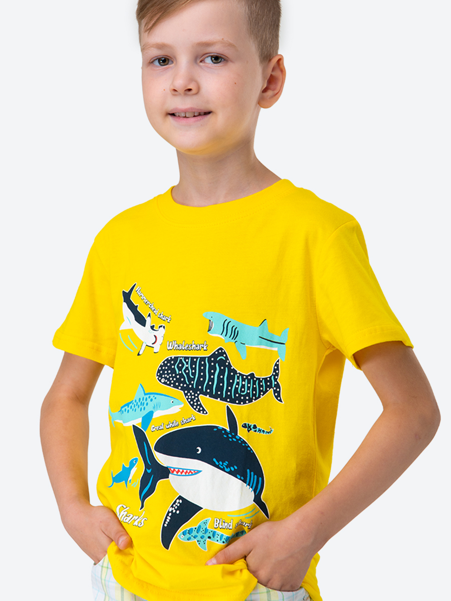 Футболка детская HappyFox HF00123, желтый акулы, 116