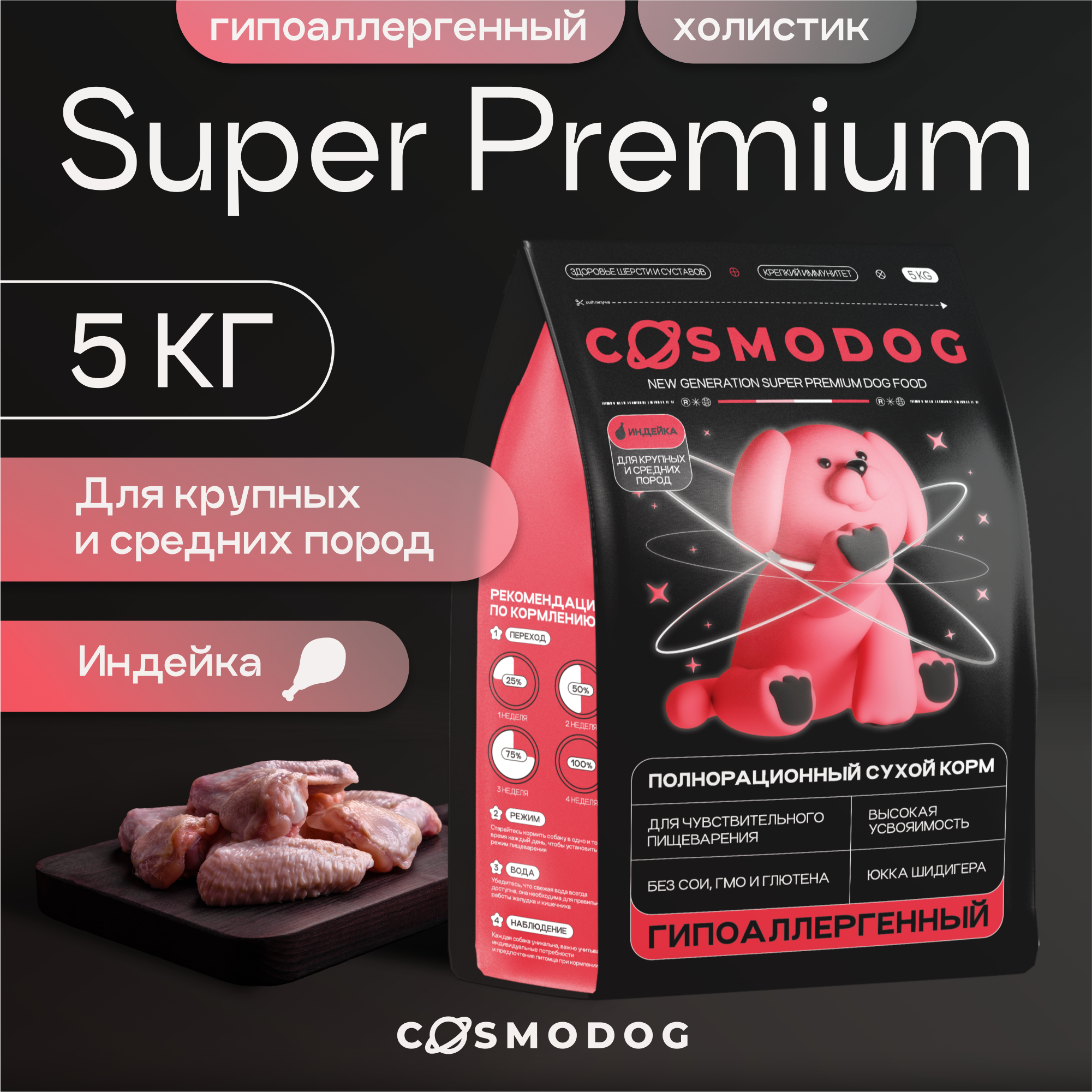 Сухой корм для собак Cosmodog для крупных и средних пород, гипоаллергенный, индейка, 5 кг