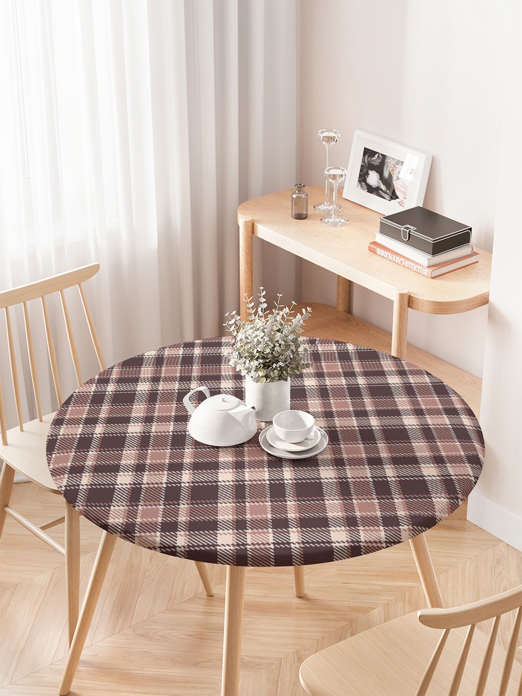 

Круглая кухонная скатерть на резинке JoyArty, на круглый стол диаметром 75-100 см., Розовый, Каштановая клетка