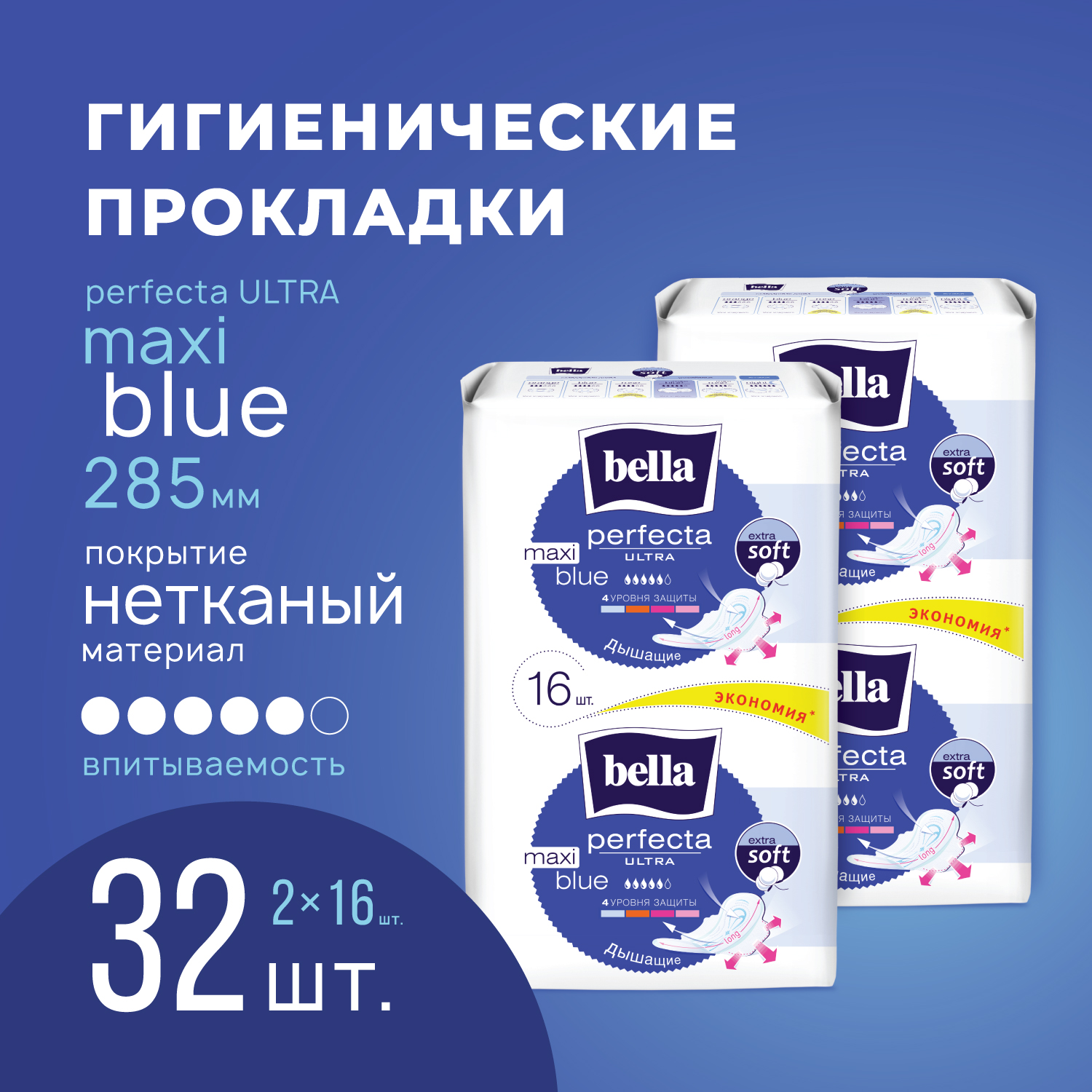 Прокладки ультратонкие Bella Perfecta Ultra Maxi Blue удлиненные ночные 16 шт, 2 упаковки