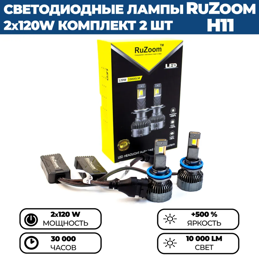 

Светодиодные лампы LED RuZoom P130 H11 120W, комплект 2 шт.