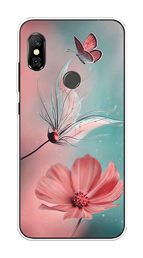 

Чехол на Xiaomi Redmi Note 6 Pro "Бабочка и цветок", Голубой;розовый, 34650-1