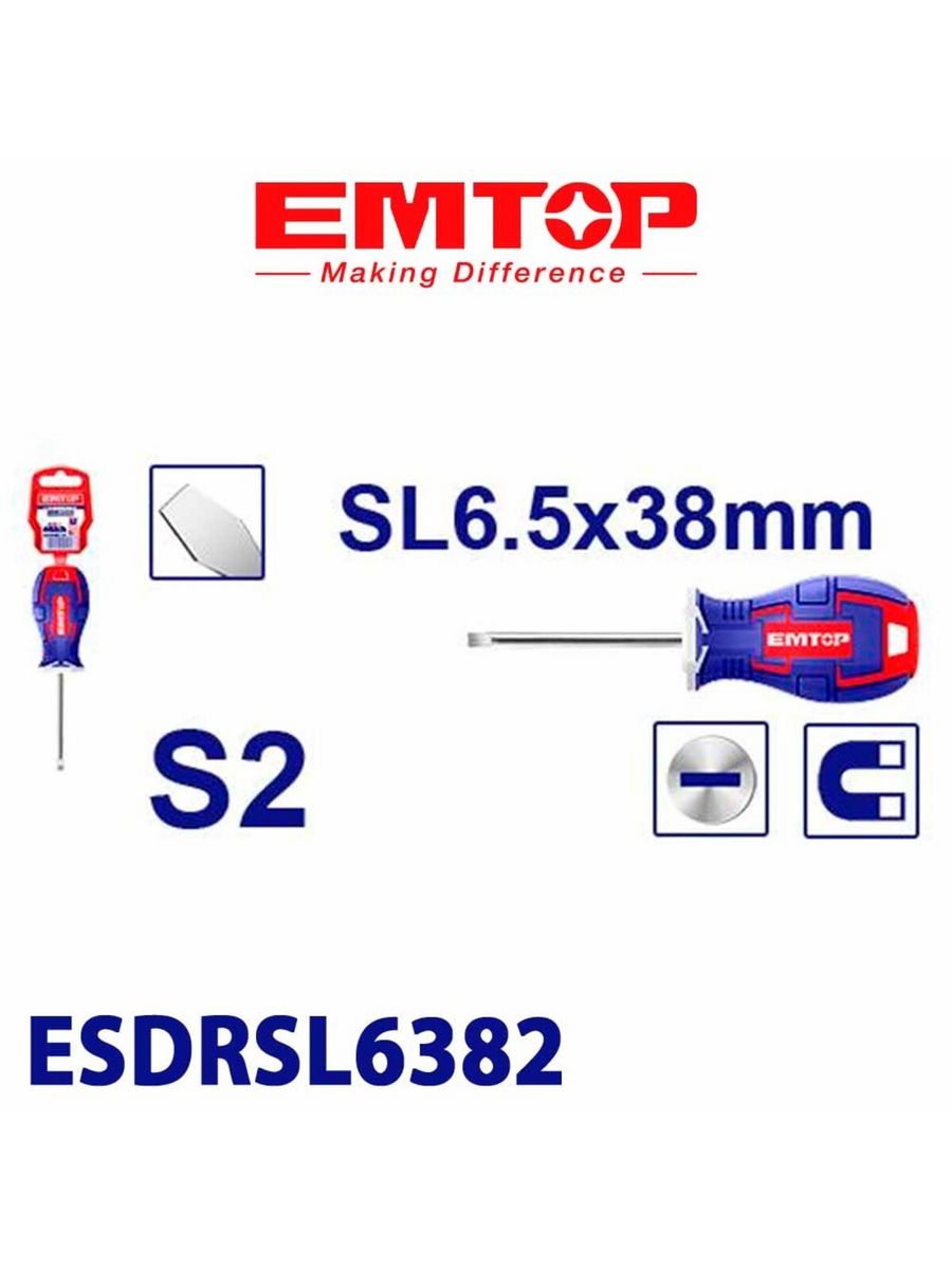 Отвертка шлицевая, Emtop, плоская маленькая SL 6,5 х 38мм отвертка шлицевая emtop плоская магнитная ph6 5х125 мм