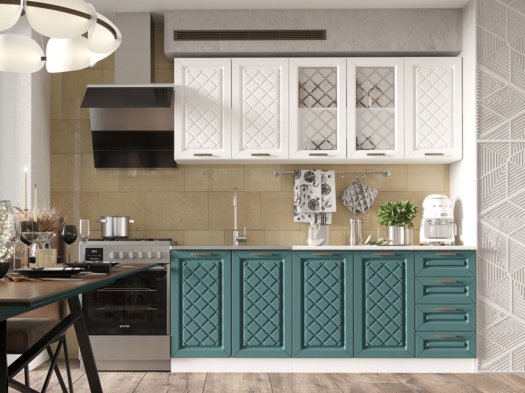 

Кухонный гарнитур Эра Агава 200 см Акация белая / Моренга / столешница Калаката