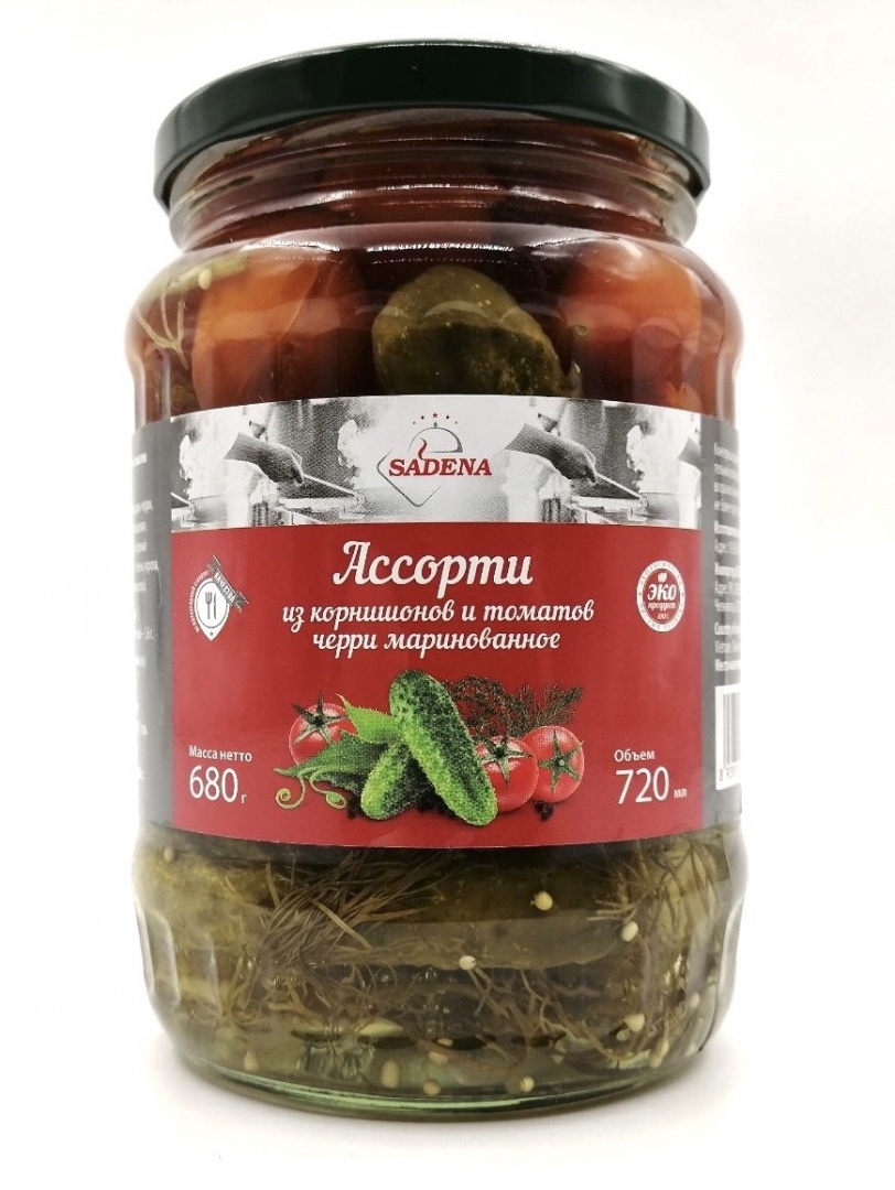 

Ассорти корнишоны-томаты Черри Sadena маринованное 680 г