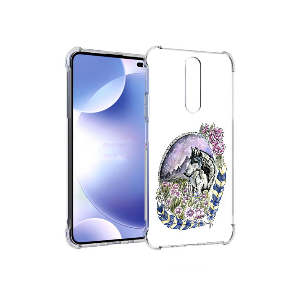 

Чехол MyPads Tocco для Xiaomi Redmi k30 нарисованный волк в цветах с перьями, Прозрачный, Tocco