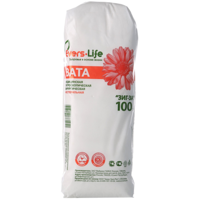 Вата медицинская EVERS Life гигроскопическая хирургическая нестерильная ЗИГ-ЗАГ 100 г