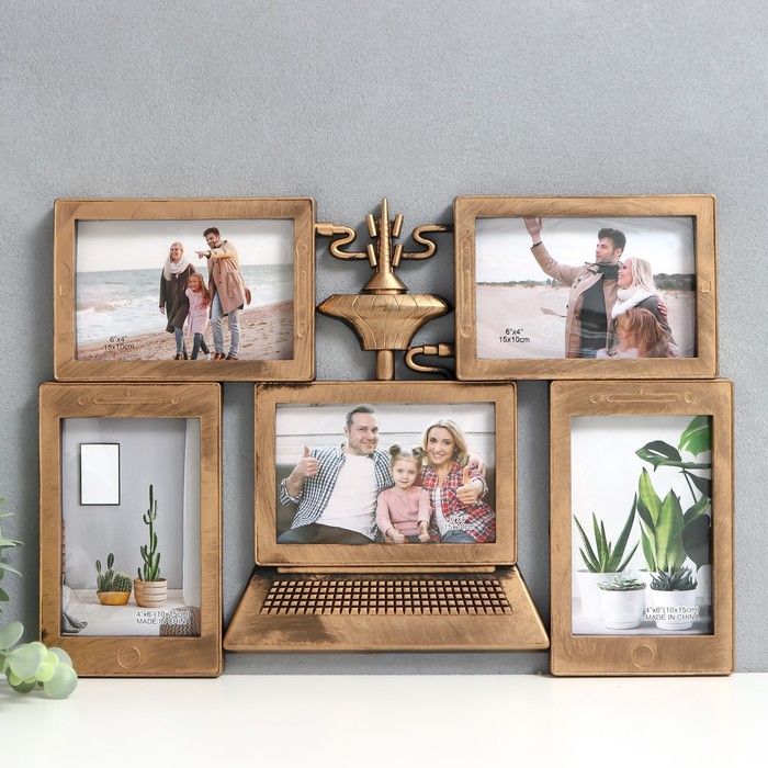 

Фоторамка пластик на 5 фото 10х15 см "Ноутбук" тёмное золото 30,5х44,5 см, Золотистый