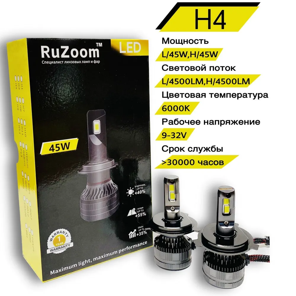 Светодиодные лампы LED 45W RuZoom H4 комплект 2 шт 3550₽