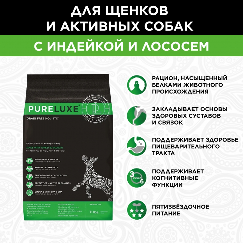 Сухой корм для собак PureLuxe, беззерновой, для активных, с индейкой и лососем, 0,4кг