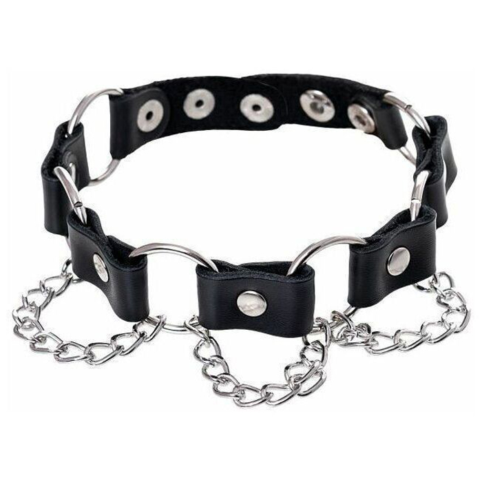 Кожаный ошейник Sitabella с кольцами и цепочкой черный