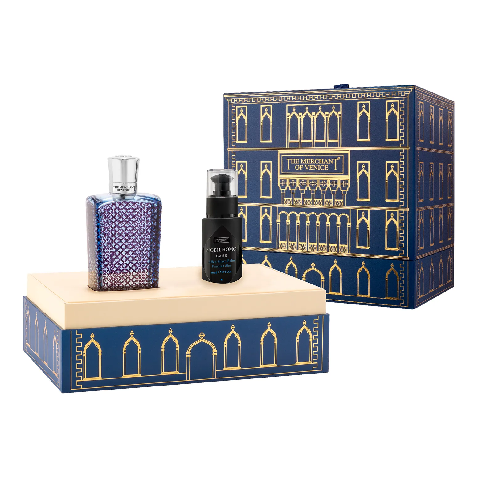 

Набор The Merchant of Venice Venetian Blue Парфюмерная вода 100 мл бальзам 55 мл, The Merchant of Venice Venetian Blue Набор парфюмерная вода + бальзам после бритья 100 + 50 мл для мужчин