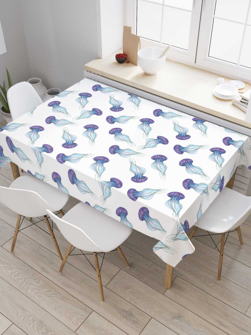 

Скатерть прямоугольная JoyArty "Танец медуз" из сатена, 120x145 см, Фиолетовый, Танец медуз