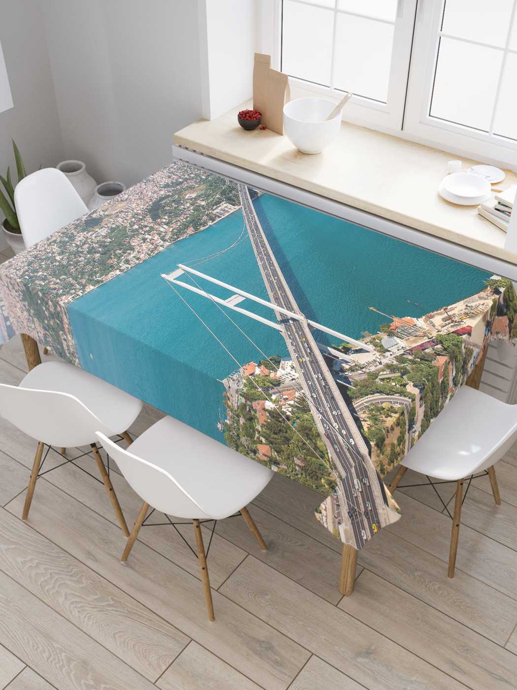 

Скатерть прямоугольная JoyArty "Вид на город" из сатена, 120x145 см, Голубой, Вид на город