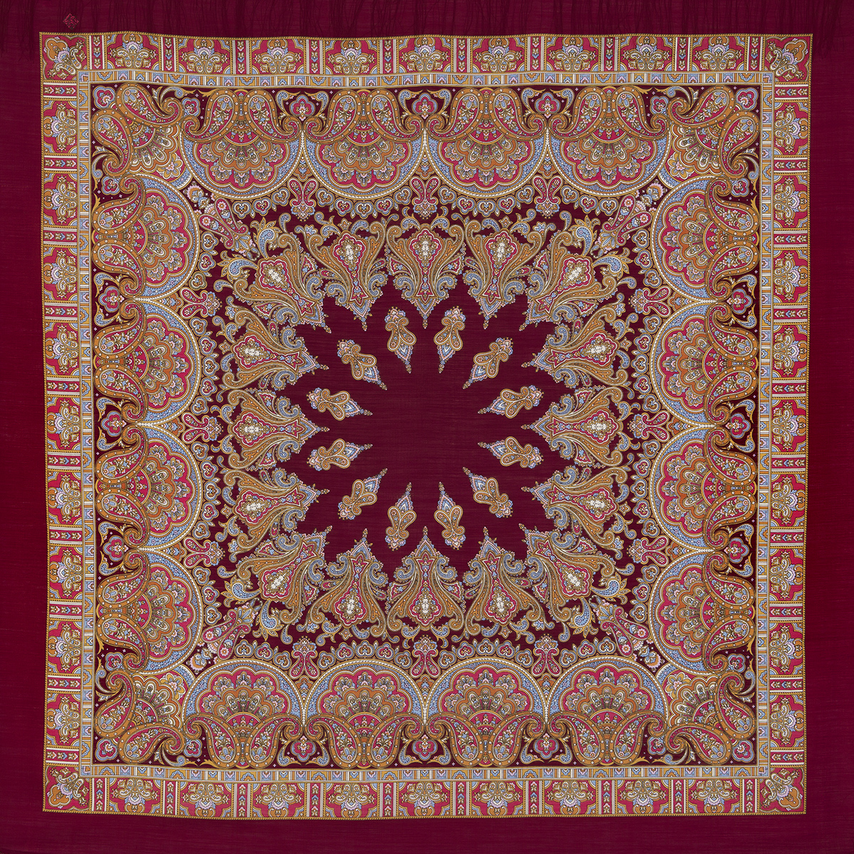 Платок женский Павловопосадский платок 1581 бордовый/оранжевый